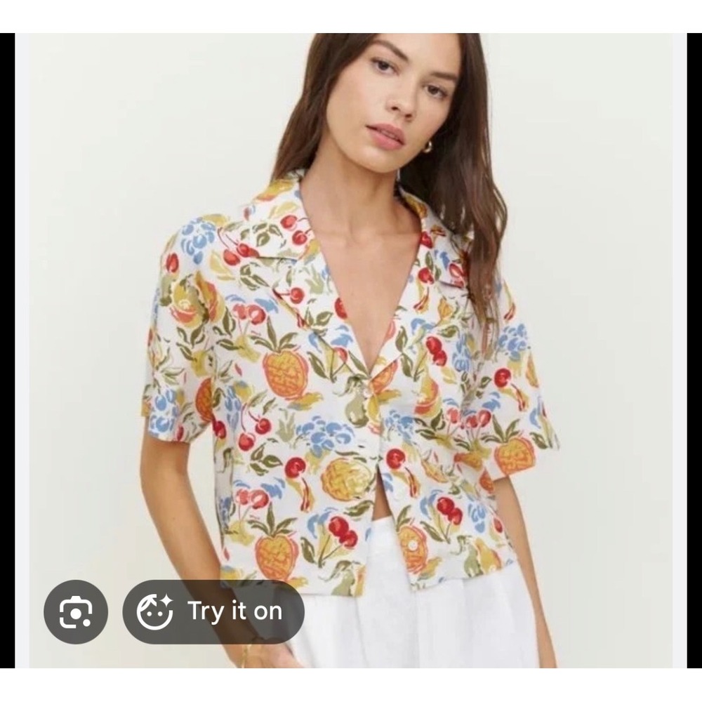 Reformation Willa Linen Top Tutti Frutti Fruit Print Cropped Button Down L b2